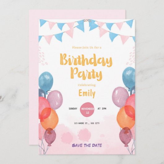 パーティー黄よくはしゃぐカラフル誕生日招待状 招待状 (正面/裏面)