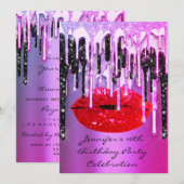 パーティー16thリップキスブラックピンクグリッタードリップ 招待状 (正面/裏面)