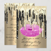 パーティー16thリップキスブラックピンクグリッタードリップ 招待状 (正面/裏面)