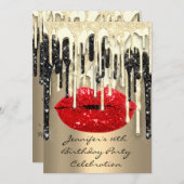 パーティー16thリップキスブラックレッドグリッタードリップ 招待状 (正面/裏面)