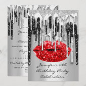 パーティー16thレッドリップキスブラックグレーグリッタードリップ 招待状 (正面/裏面)