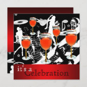 パーティー お祝い 赤ワイン グラス レトロ ミュージック 招待状 (正面/裏面)