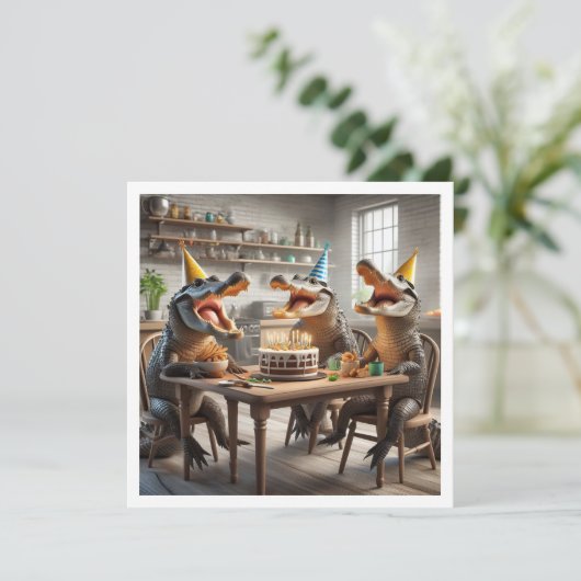 パーティー、アリゲータ食べ物ーのケーキ誕生日 招待状 (スタンド正面)