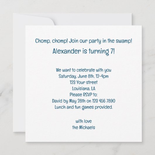 パーティー、アリゲータ食べ物ーのケーキ誕生日 招待状 (裏面)