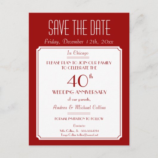 パーティー、イベント、または懇親会日付を赤で保存 案内ポストカード (正面)