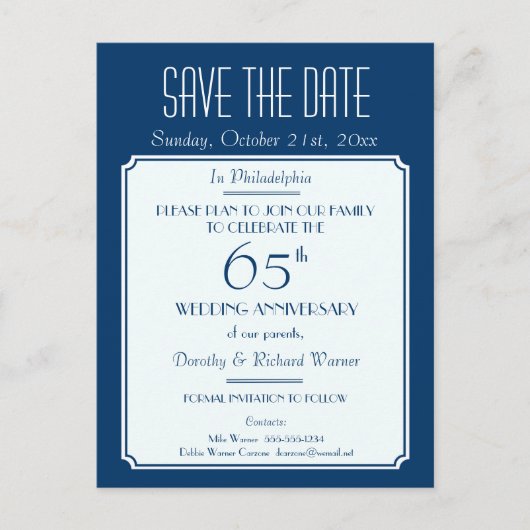 パーティー、イベント、または懇親会日付を青で保存 案内ポストカード (正面)