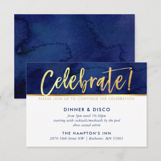 パーティー セレブレーション カード 青 水彩 ゴールド フォント (正面/裏面)