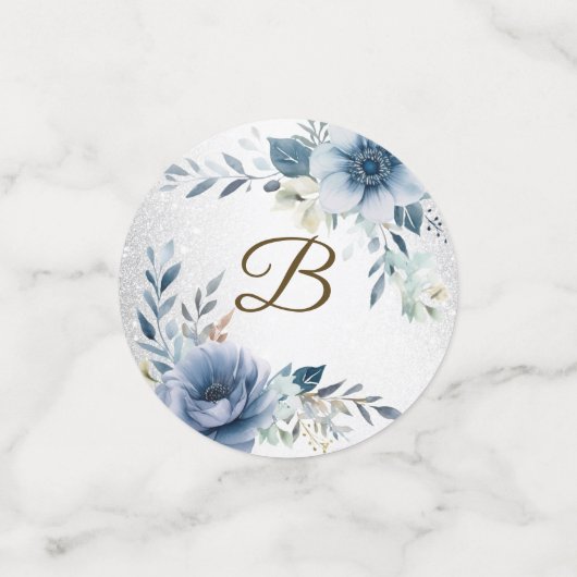 パーティー ダスティーブルー 水彩花 シルバー エレガント コンフェッティ (スモール正面)