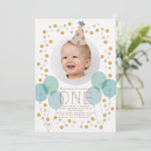 パーティー ハット & バルーン ブルー フォト 1歳 誕生日 招待状 (スタンド正面)