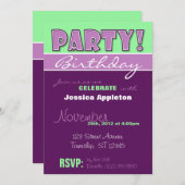 パーティー!パープル&グリーン誕生日招待状 招待状 (正面/裏面)