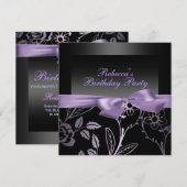 パーティー ブラック＆パープルの花の誕生日招待状 招待状 (正面/裏面)