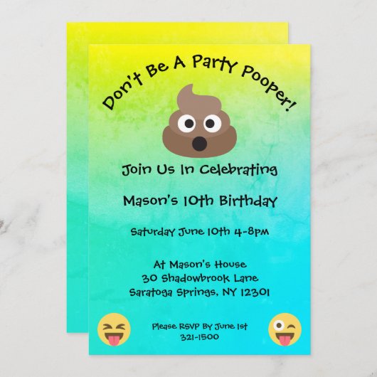 パーティー·ポーパー·エモジの誕生日パーティーの招待 招待状 (正面/裏面)