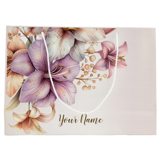 パーティー 水彩 ボヘミアンピンク フラワー エレガント おしゃれ ラージペーパーバッグ (裏面)