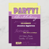 パーティー!紫と黄の誕生日招待状 招待状 (正面/裏面)