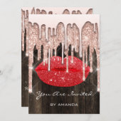 パーティー 16歳の誕生日 キス 唇 ローズ グリッター ウッド. 赤 招待状 (正面/裏面)