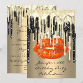 パーティー 16歳の誕生日 口紅 キス ブラックコーラル グリッター ドリップス 招待状 (正面/裏面)