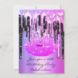 パーティー 16歳の誕生日 口紅 キス ブラック ピンク グリッター ドリップス 招待状