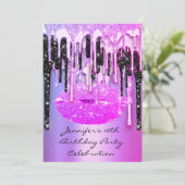 パーティー 16歳の誕生日 口紅 キス ブラック ピンク グリッター ドリップス 招待状 (スタンド正面)