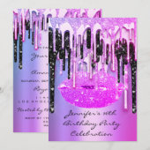 パーティー 16歳の誕生日 口紅 キス ブラック ピンク グリッター ドリップス 招待状 (正面/裏面)