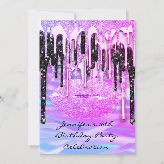 パーティー 16歳 リップ ピンク キス マーメイド ドリップス 招待状 (正面)