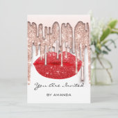 パーティー 16歳 赤いキス 口紅 ローズ グリッター 白い グラマラス 招待状 (スタンド正面)