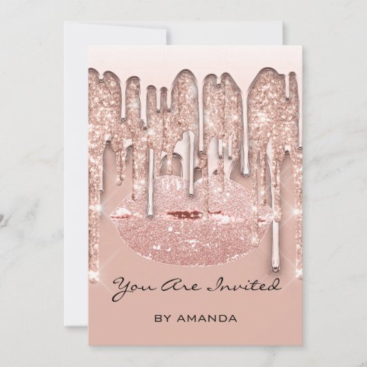 パーティー 16歳 赤いキス 唇 ローズ グリッター ドリップス スパーク 招待状 (正面)