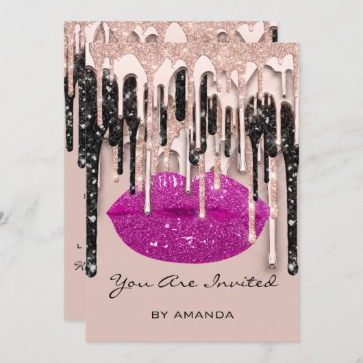 パーティー 16歳 赤いキス 唇 ローズ グリッター ドリップス ベリー 招待状 (正面/裏面)