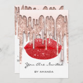 パーティー 16歳 赤いキス 唇 ローズ グリッター 白 グラム 招待状 (正面/裏面)