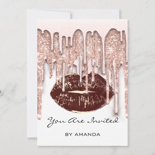パーティー 16歳 赤いキス 唇 ローズ グリッター 白 茶色 招待状 (正面)