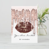 パーティー 16歳 赤いキス 唇 ローズ グリッター 白 茶色 招待状 (スタンド正面)