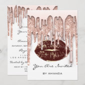 パーティー 16歳 赤いキス 唇 ローズ グリッター 白 茶色 招待状 (正面/裏面)