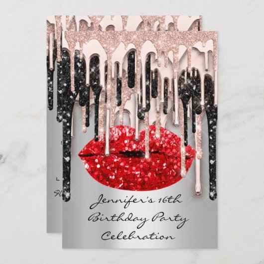 パーティー 16歳 赤い口紅のキス ローズ グリッター ドリップス グラム 招待状 (正面/裏面)