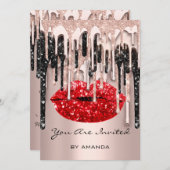 パーティー 16歳 赤い口紅のキス ローズ グリッター ドリップス ブラック 招待状 (正面/裏面)