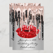 パーティー 16歳 赤い唇のキス ローズ グリッター ドリップス グラム 招待状 (正面/裏面)
