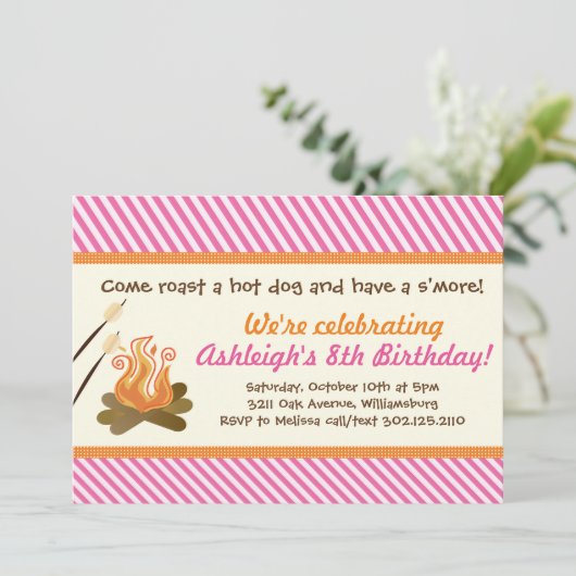 パーティーbyキャンプファイア(ピンク)誕生日パーティー 招待状 (スタンド正面)