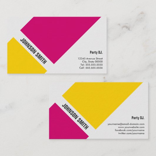 パーティーDJ - シンプルなピンクとイエロー 名刺 (正面/裏面)