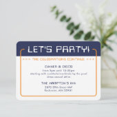 パーティ情報挿入　モダン　ゲーミング　ネイビーブルー　オレンジ 招待状 (スタンド正面)