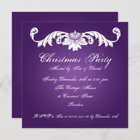 パーティ招待 ヴィンテージ オーナメント 紫 招待状 (正面/裏面)