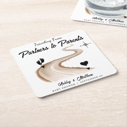 パートナーから保護者への旅行赤ちゃんシャワー スクエアペーパーコースター (アングル)