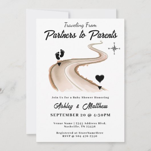 パートナーから保護者への旅行赤ちゃんシャワー 招待状 (正面)