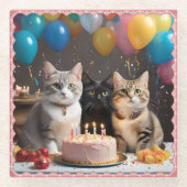 パーフェクトお祝い：猫の誕生会 ガラスコースター (正面)