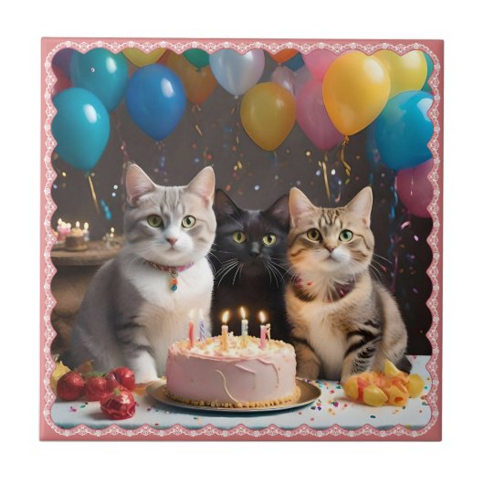 パーフェクトお祝い:猫の誕生会 タイル (正面)