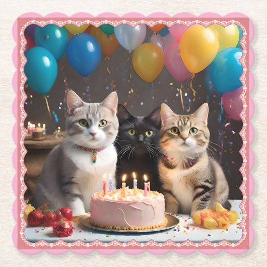 パーフェクトお祝い：猫の誕生会 ペーパーコースター (正面)