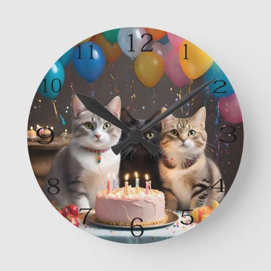パーフェクトお祝い:猫の誕生会 ラウンド壁時計 (正面)