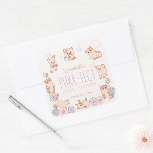 パーフェクトかわいい猫たちフローラガールベイビーシャワー スクエアシール (封筒)