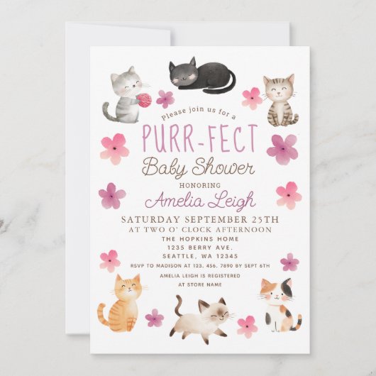 パーフェクトかわいい猫たちフローラガールベイビーシャワー 招待状 (正面)