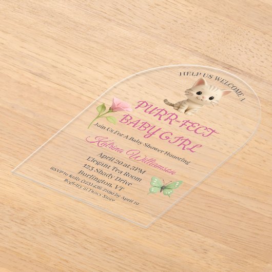 パーフェクトベビーガール子猫ベビーシャワー アクリル招待状 (レイダウン)
