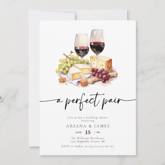 パーフェクトペアウォーター色のワインチーズウェディングシャワー 招待状 (正面)