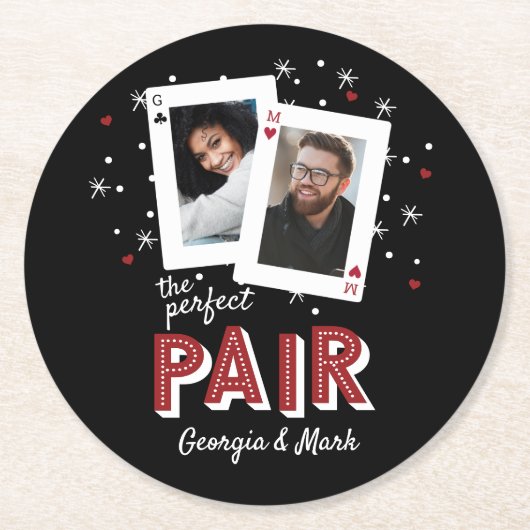 パーフェクトペアカジノテーマカップルフォト ラウンドペーパーコースター (正面)