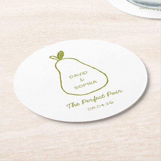 パーフェクトペア – シックな梨のイラストレーションかわいい結婚ズ ラウンドペーパーコースター (アングル)
